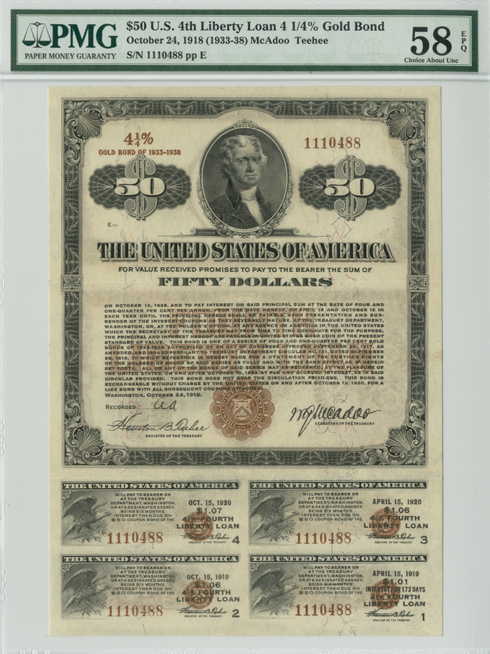 $50 4th Liberty Loan Bond - Complete Coupons - 1918 U.S. Treasury Bond